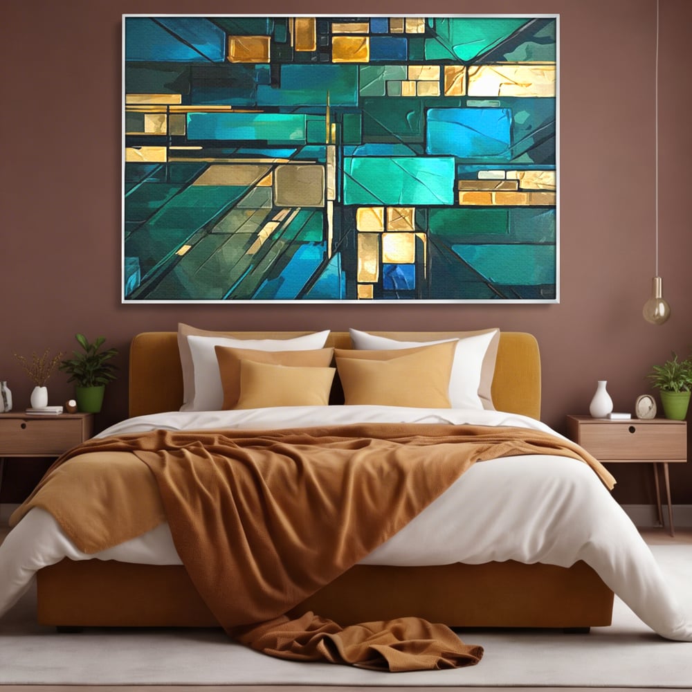 Tablou canvas cu tablou abstract geometric in nuante de albastru, in rama de aluminiu argintiu, pe perete intr-un dormitor